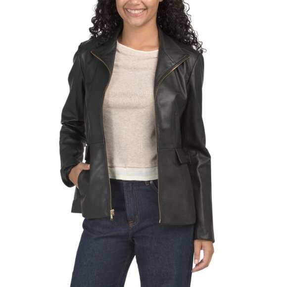 COLE HAAN Black Lambskin Leather Wing Collar Jacket - Picture 1 of 2